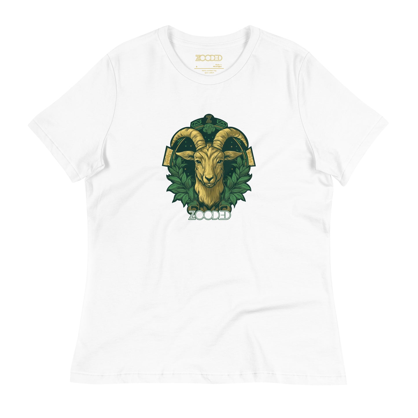 Women’s relaxed  Zooded T-shirt strain specific/lady specific golden goat in white