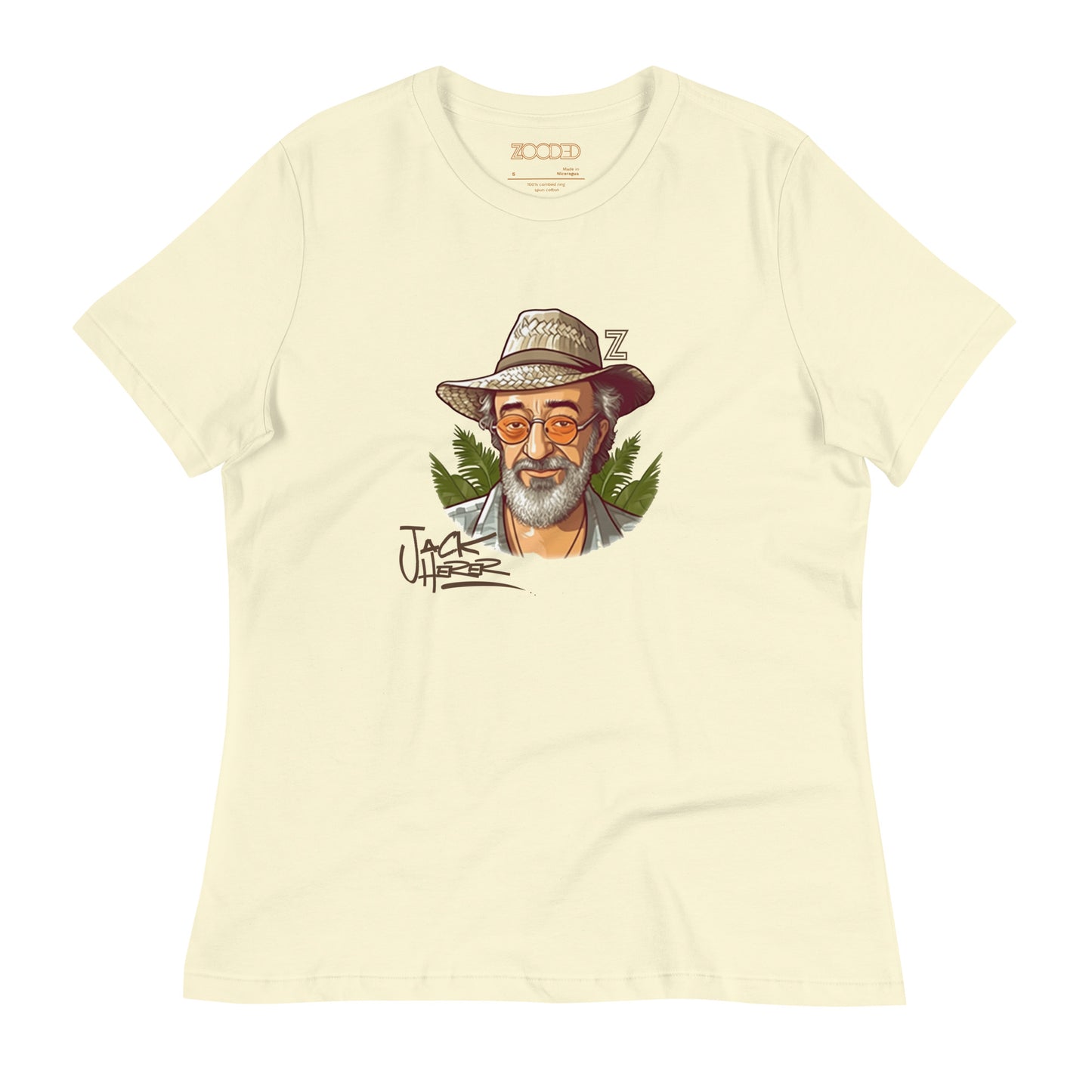 Women’s relaxed Zooded T-shirt, strain specific, Lady_Specific Jack Herer, in citron yellow