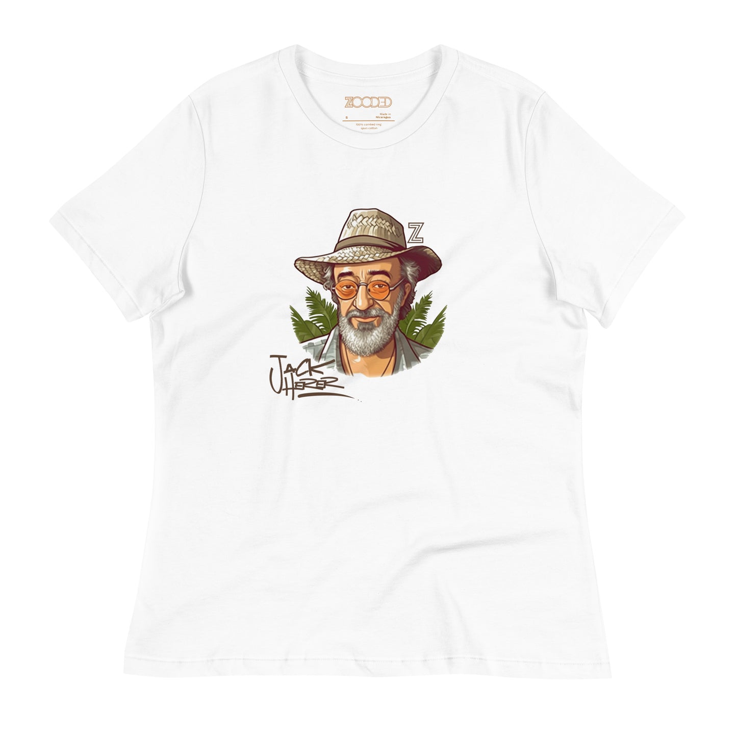 Women’s relaxed Zooded T-shirt, strain specific Lady Specific jack herer in white